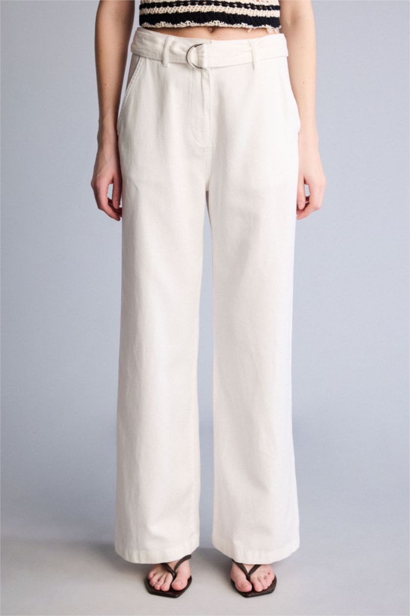 FEMME Blanc Pantalon large Taille haute avec poches doubles