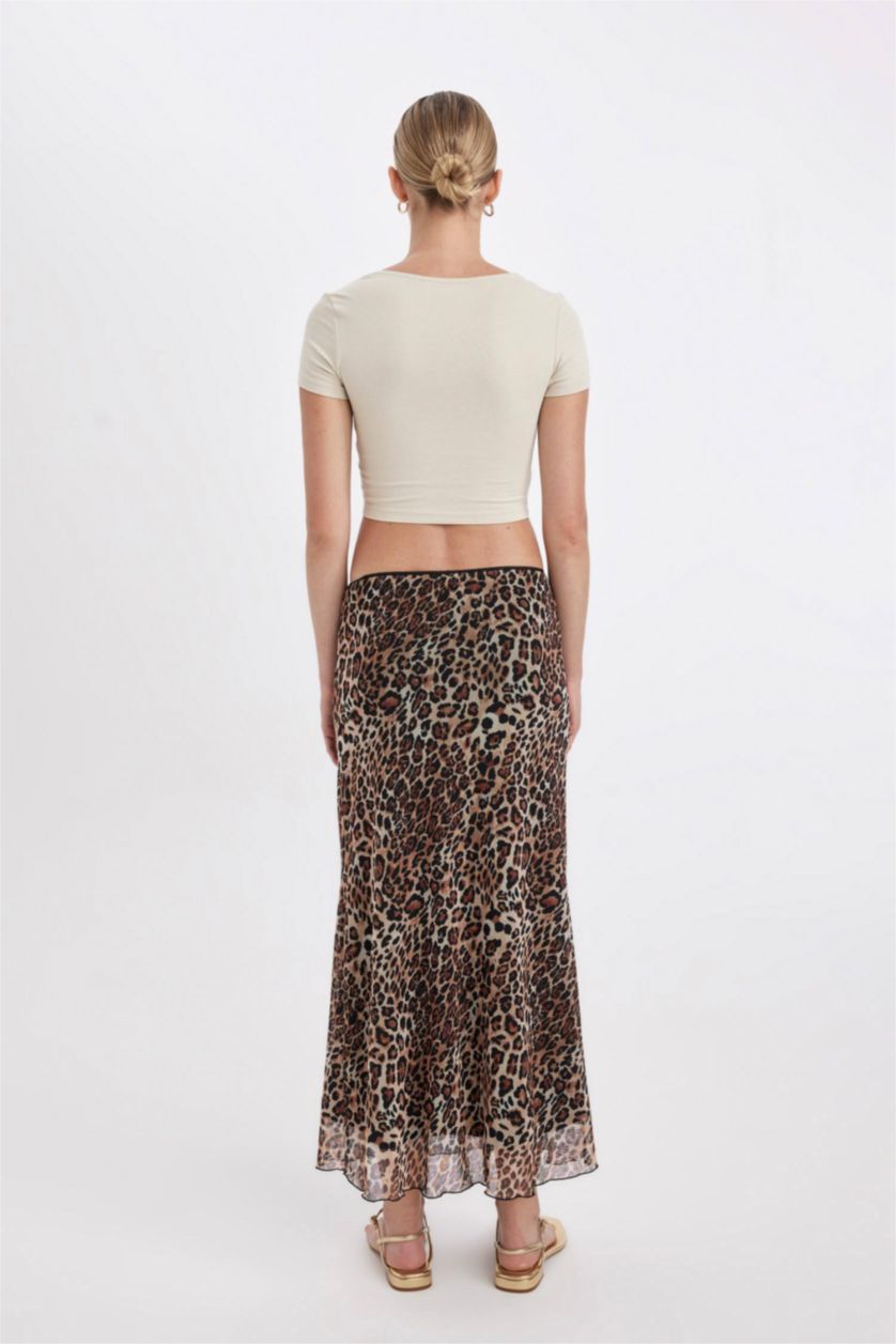 Kadın Siyah A Kesim Leopar Desenli Yüksek Bel Pamuk Astarlı Tül Maxi Etek