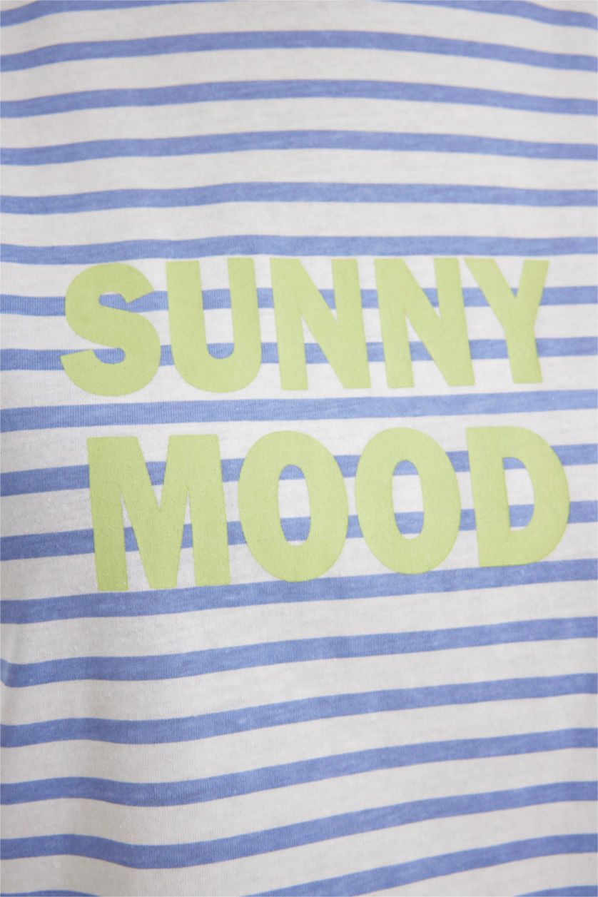 نساء أزرق طقم بيجاما مخطط قصة عادية نص كم - قطعتين