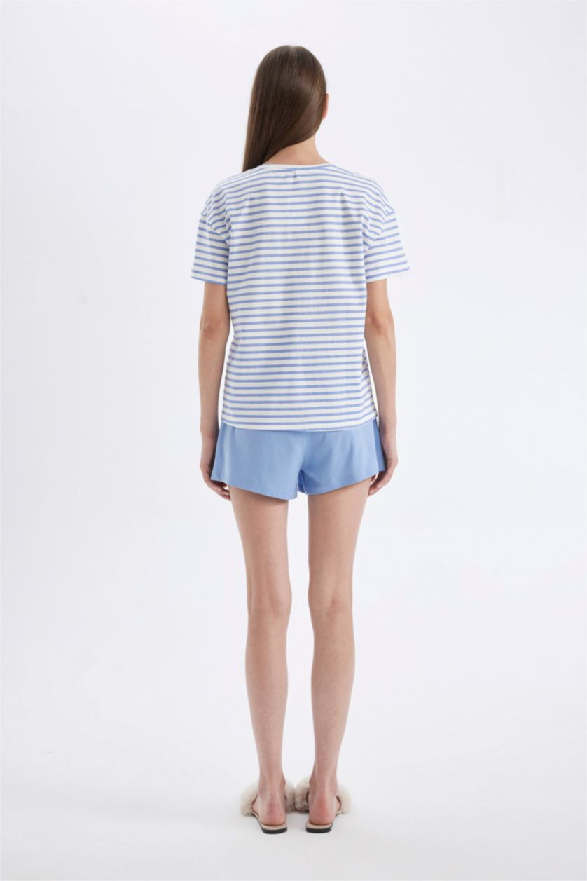 نساء أزرق طقم بيجاما مخطط قصة عادية نص كم - قطعتين