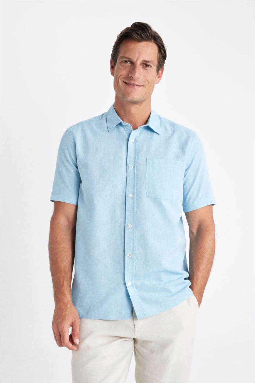 Man Blue Regular Fit Polo Collar Short Sleeve Shirt
