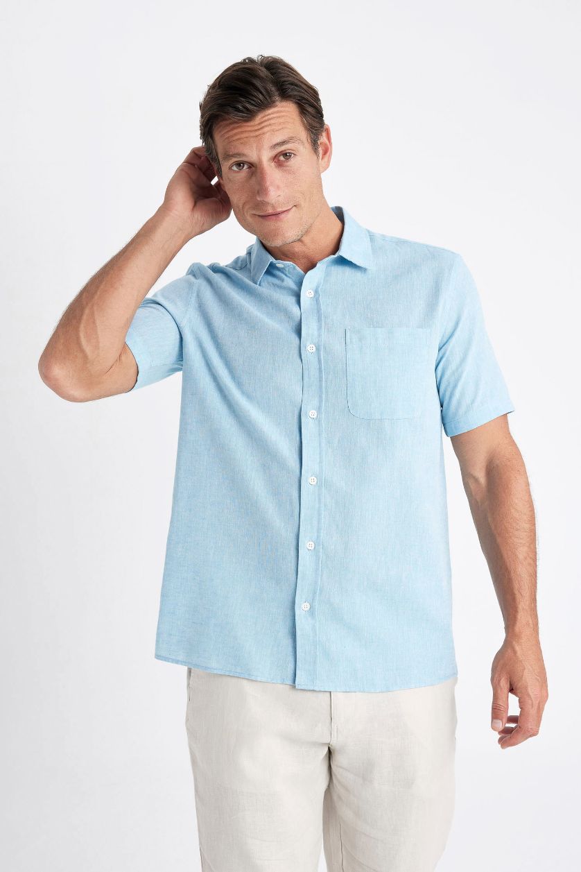 Man Blue Regular Fit Polo Collar Short Sleeve Shirt