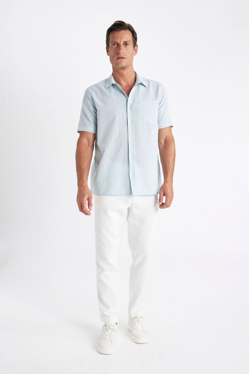 Erkek Okyanus Mavisi Regular Fit Yazlık Polo Yaka Keten Karışımlı Basic Düz Kısa Kollu Gömlek