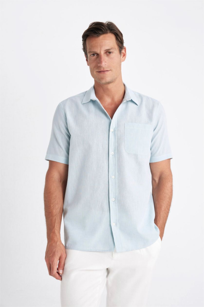 Erkek Okyanus Mavisi Regular Fit Yazlık Polo Yaka Keten Karışımlı Basic Düz Kısa Kollu Gömlek