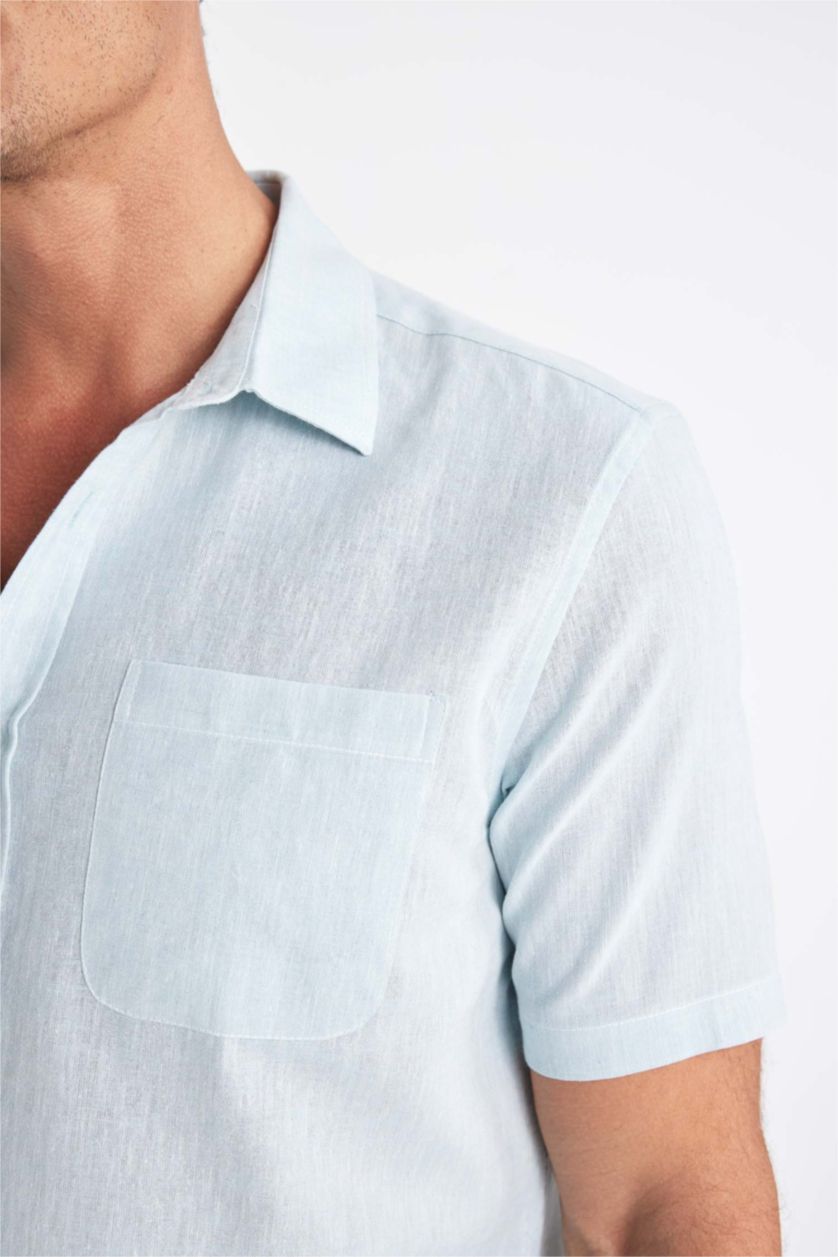 Erkek Okyanus Mavisi Regular Fit Yazlık Polo Yaka Keten Karışımlı Basic Düz Kısa Kollu Gömlek