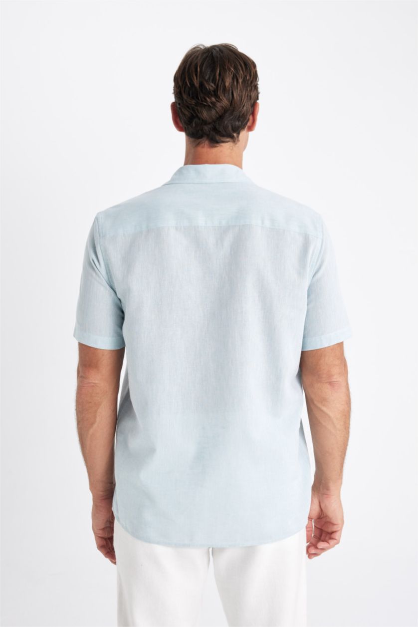Erkek Okyanus Mavisi Regular Fit Yazlık Polo Yaka Keten Karışımlı Basic Düz Kısa Kollu Gömlek