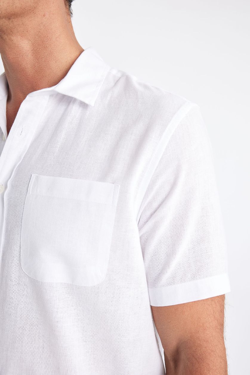 Erkek Beyaz Regular Fit Yazlık Keten Karışımlı Polo Yaka Kısa Kollu Beyaz Gömlek