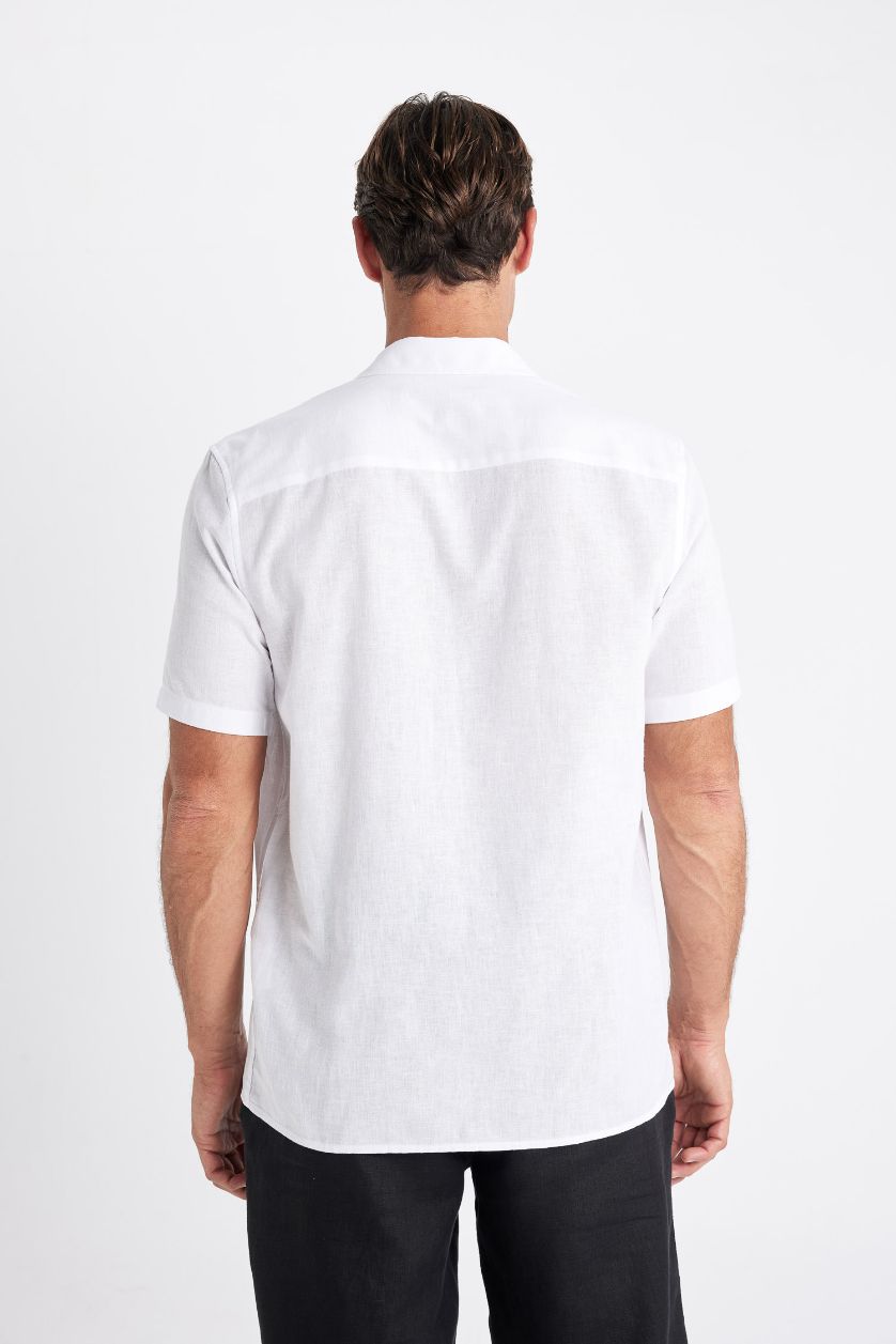 Erkek Beyaz Regular Fit Yazlık Keten Karışımlı Polo Yaka Kısa Kollu Beyaz Gömlek