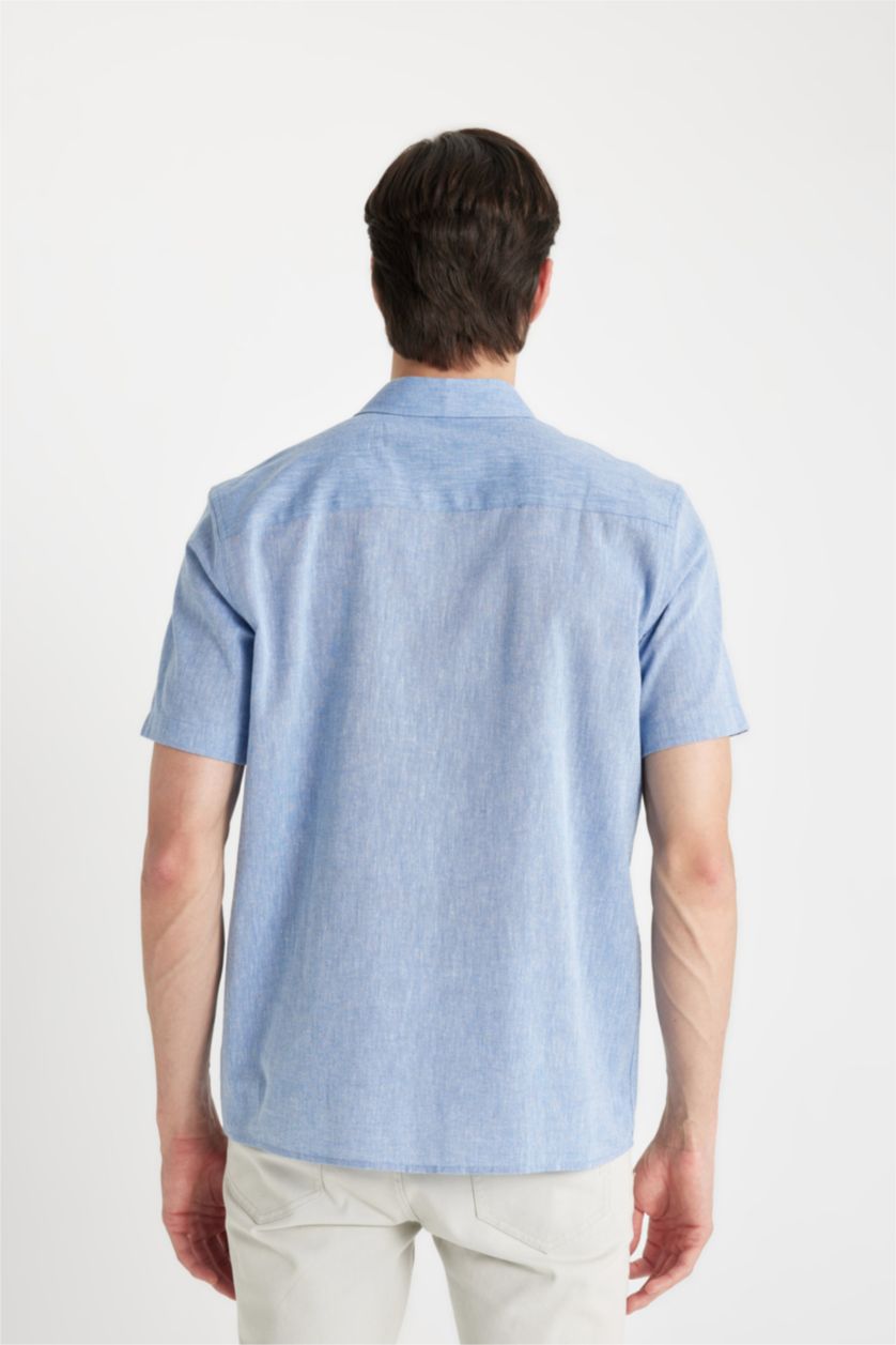 رجالي ميلانج أزرق قميص بولو كتان ازرق نص كم قصة عادية