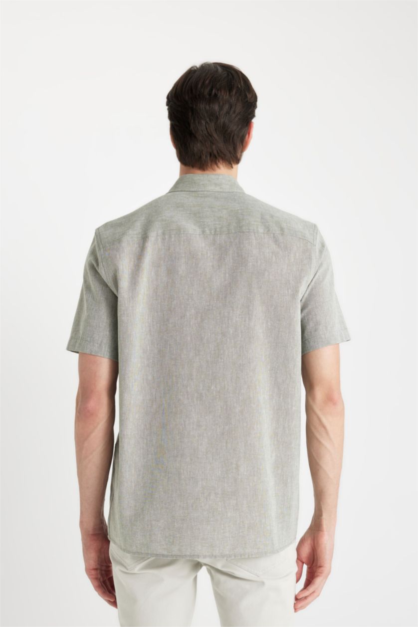 رجالي كاكي قميص بولو كتان نص كم قصة عادية