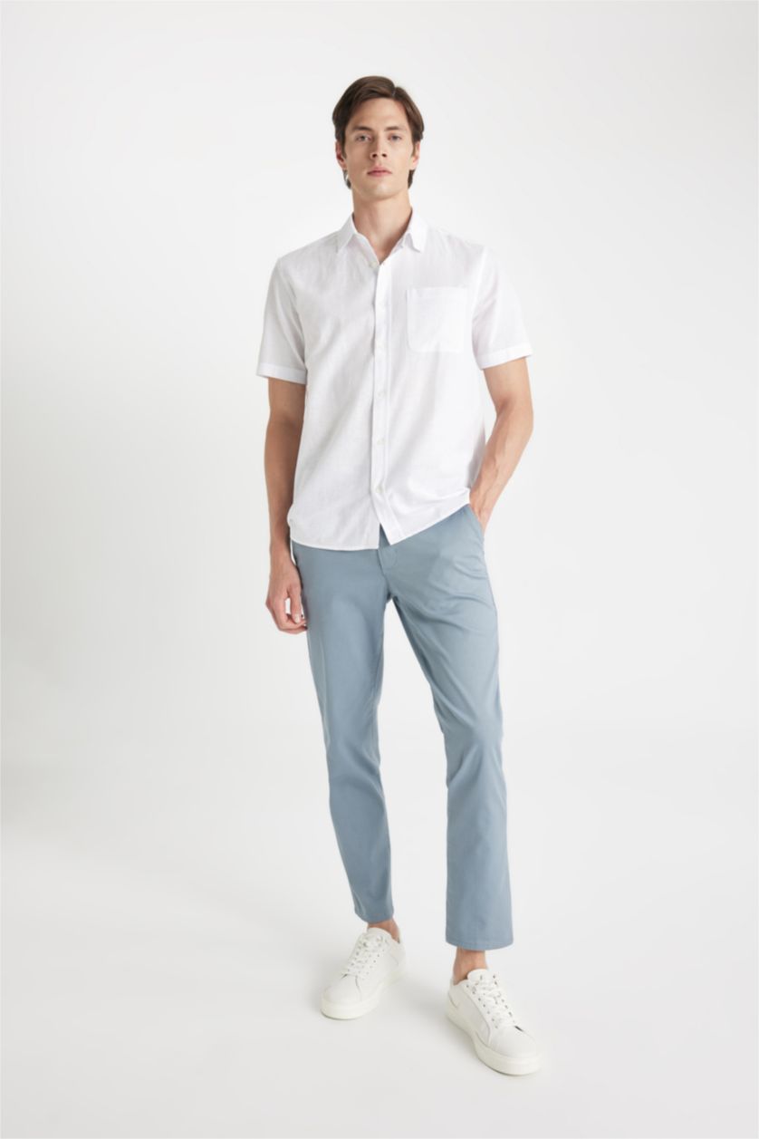 رجالي أبيض قميص بولو ابيض كتان نص كم قصة عادية