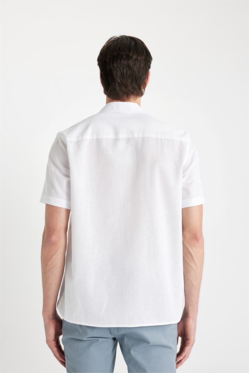 رجالي أبيض قميص بولو ابيض كتان نص كم قصة عادية