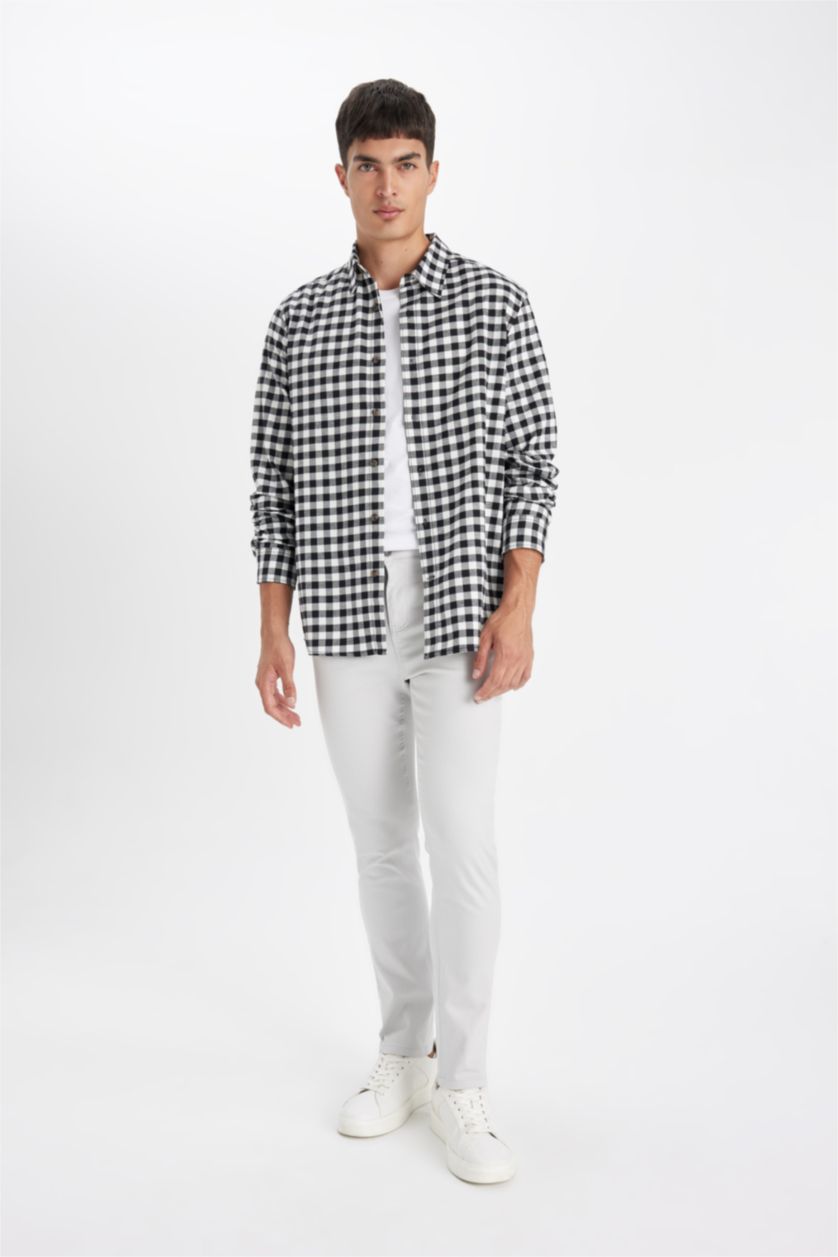 Ерлер қара поло жаға чек фланель Ұзын жеңді көйлек