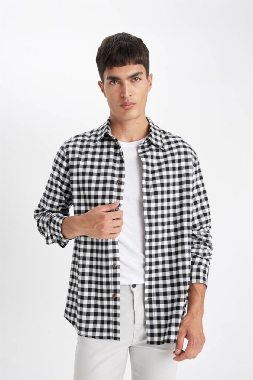 Ерлер қара поло жаға чек фланель Ұзын жеңді көйлек