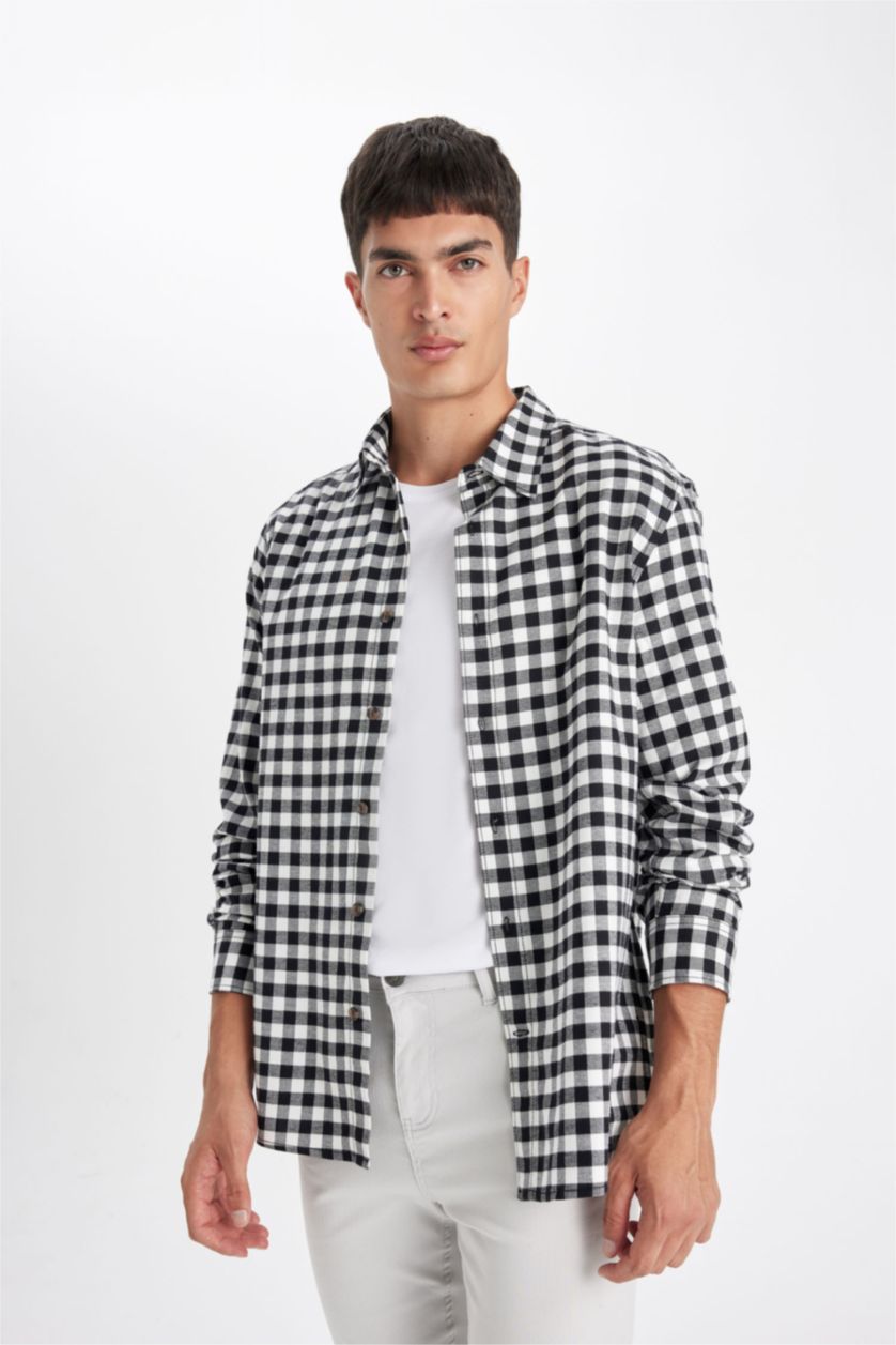 Ерлер қара поло жаға чек фланель Ұзын жеңді көйлек