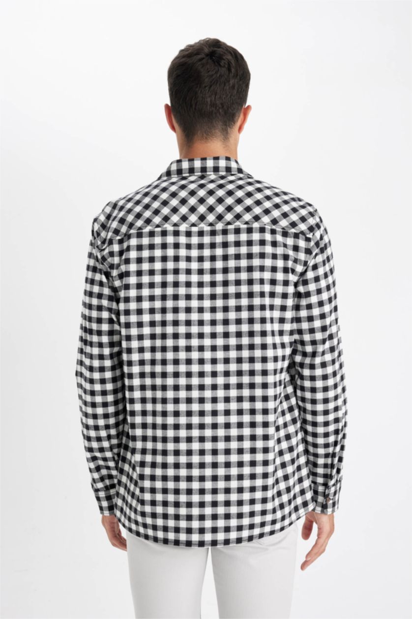 Ерлер қара поло жаға чек фланель Ұзын жеңді көйлек