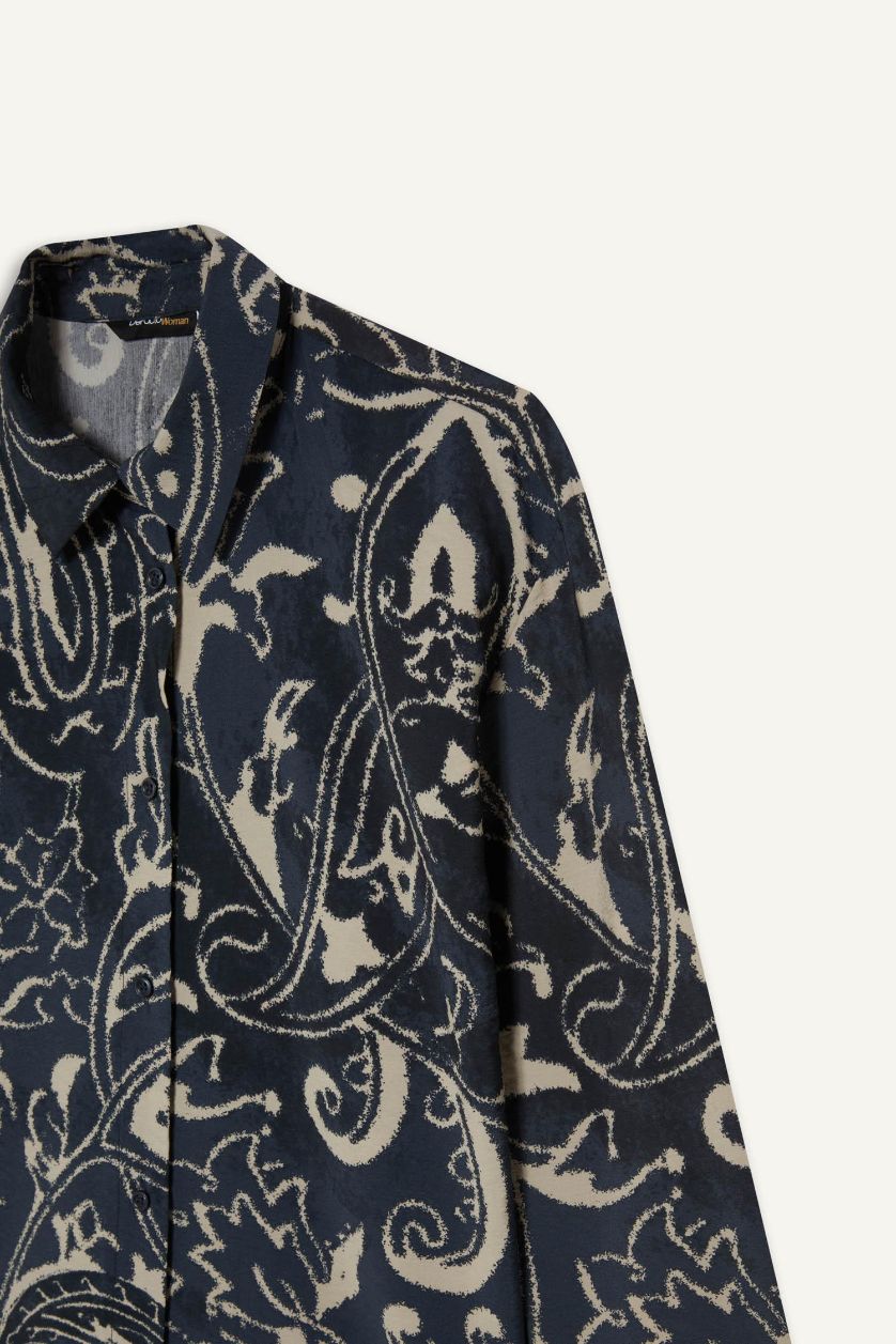 Kadın Siyah Oversize Geniş Kalıp Desenli Uzun Kollu Gömlek