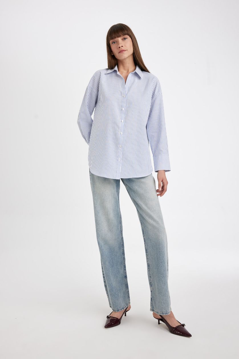 Kadın Mavi Oversize Geniş Kalıp Çizgili Oxford Uzun Kollu Gömlek