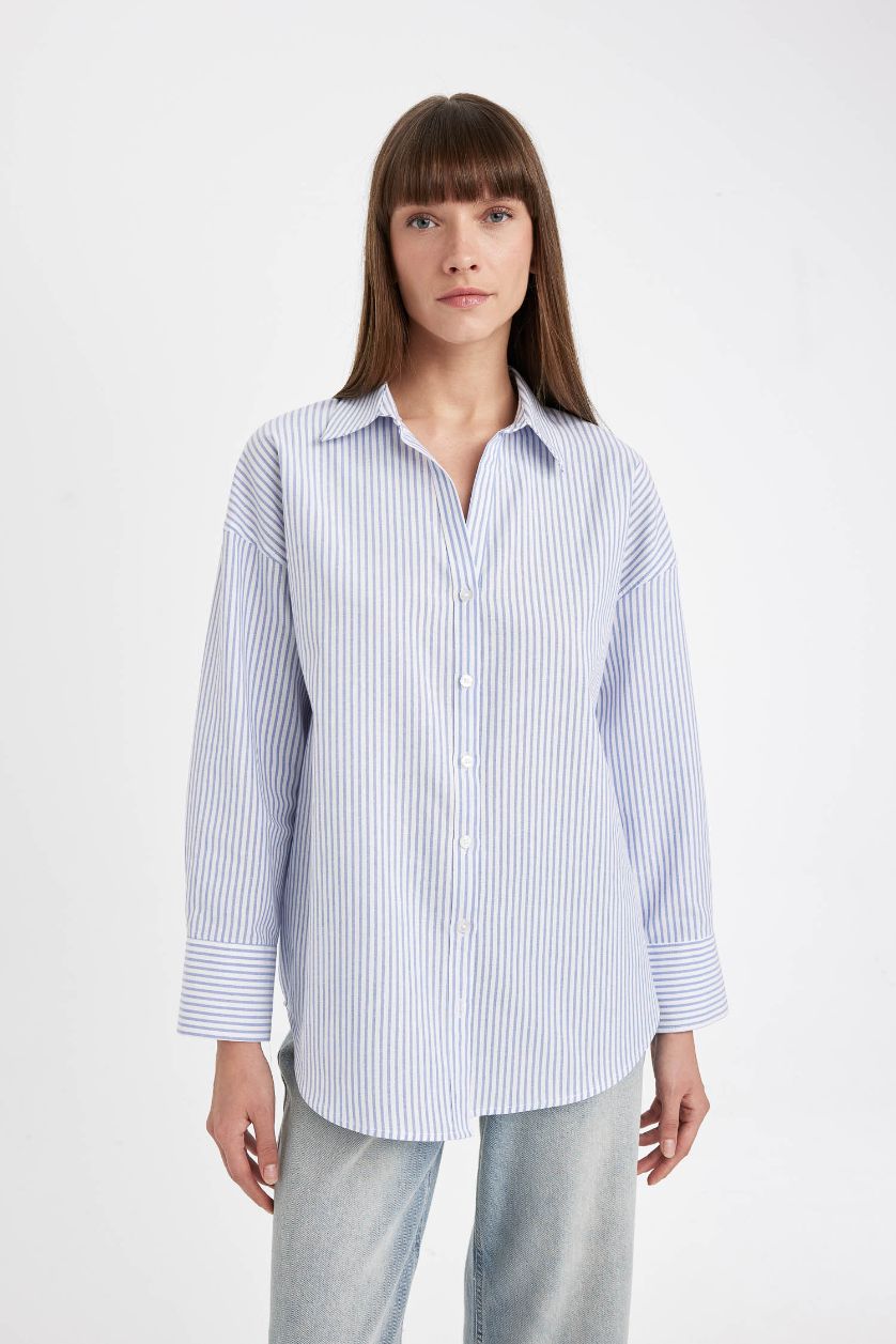 Kadın Mavi Oversize Geniş Kalıp Çizgili Oxford Uzun Kollu Gömlek