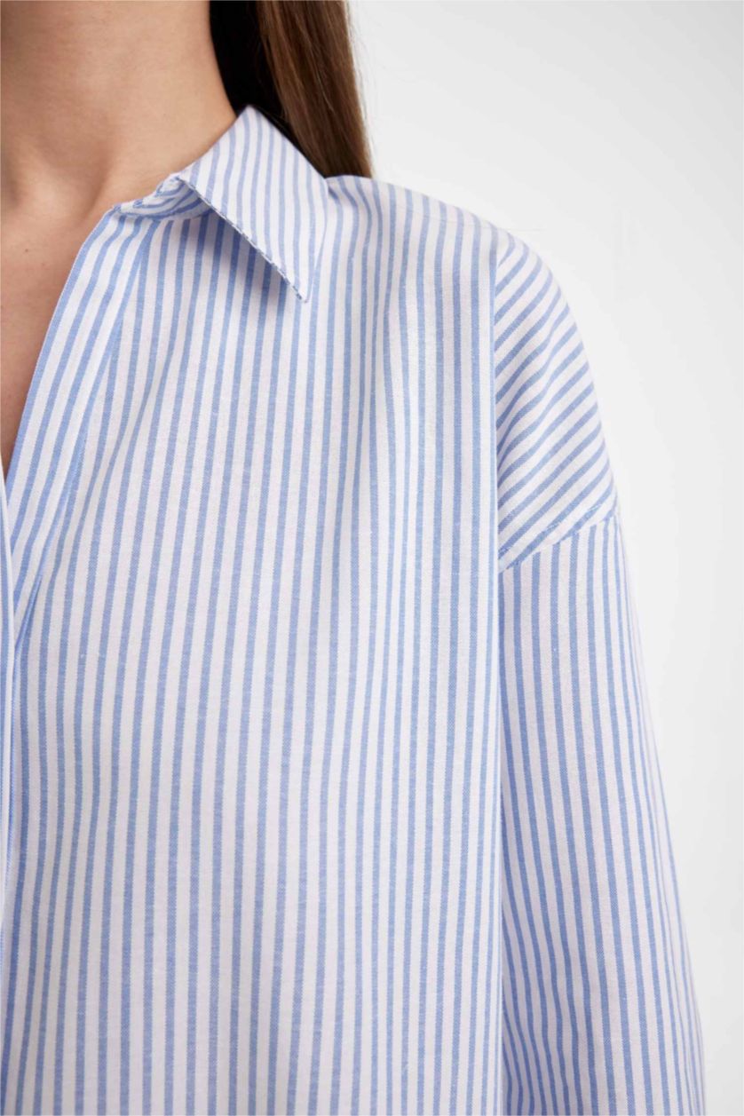 Kadın Mavi Oversize Geniş Kalıp Çizgili Oxford Uzun Kollu Gömlek