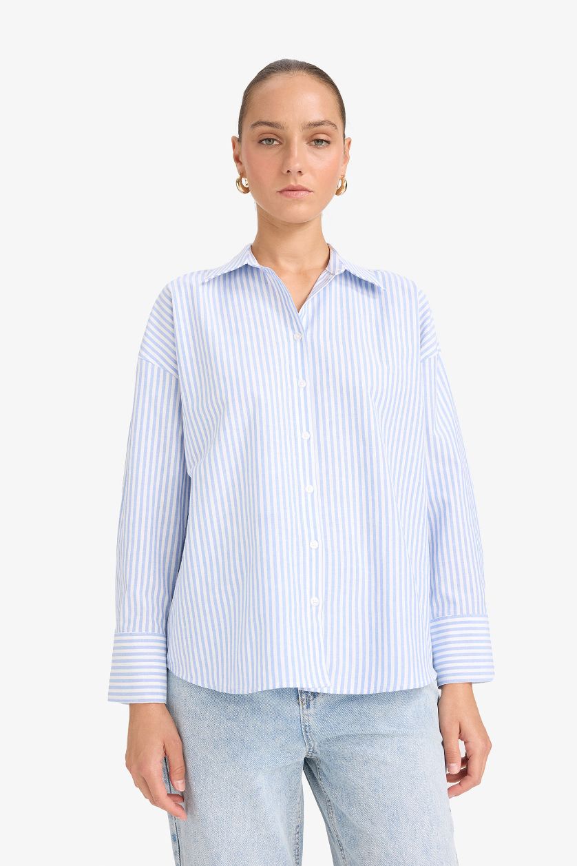 Kadın Açık Mavi Oversize Geniş Kalıp Çizgili Oxford Uzun Kollu Gömlek