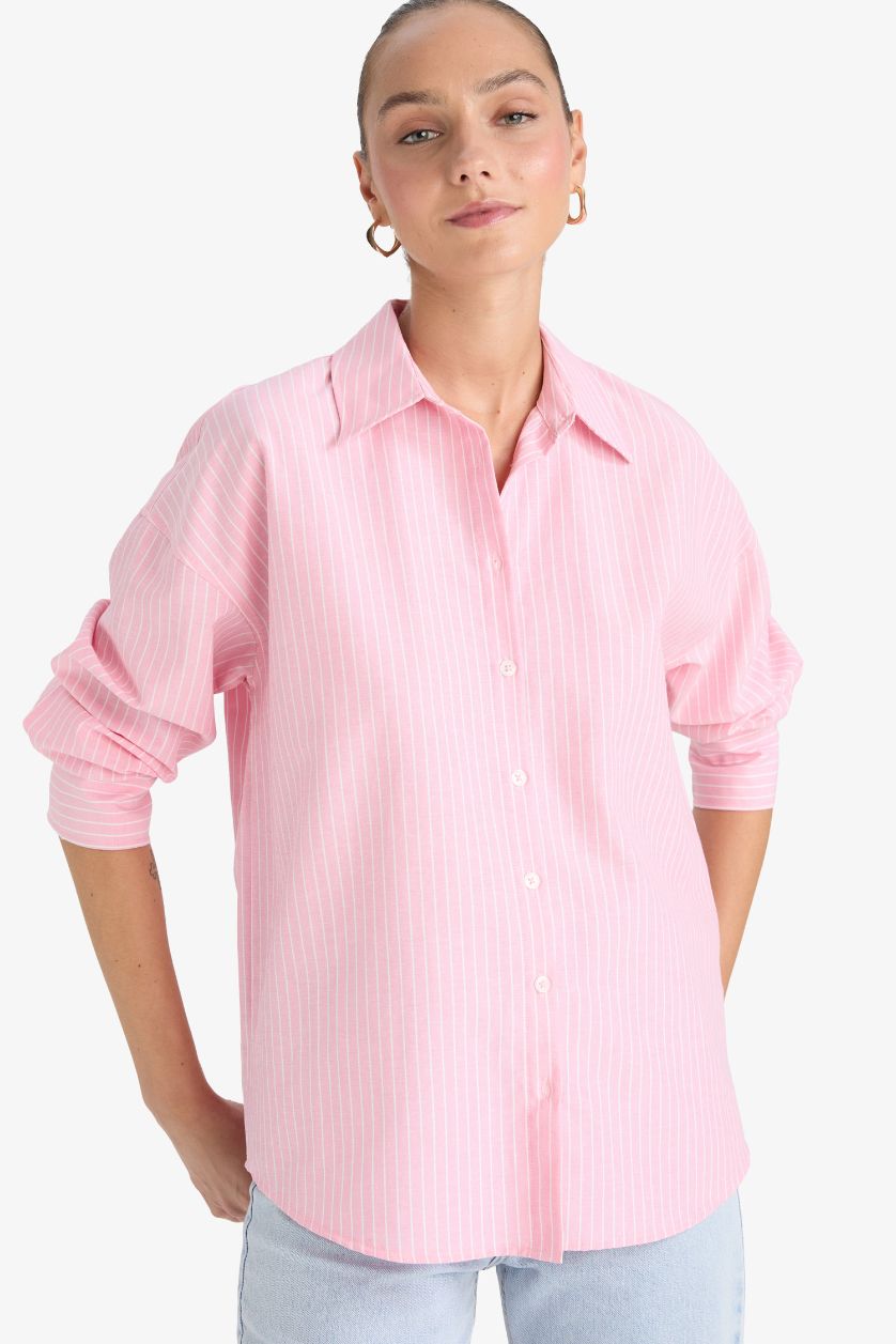 Kadın Açık Pembe Oversize Geniş Kalıp Çizgili Oxford Uzun Kollu Gömlek