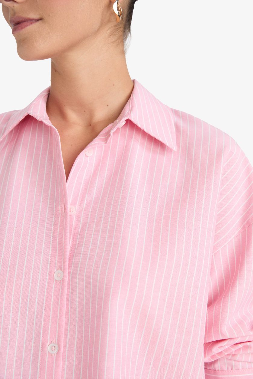 Kadın Açık Pembe Oversize Geniş Kalıp Çizgili Oxford Uzun Kollu Gömlek