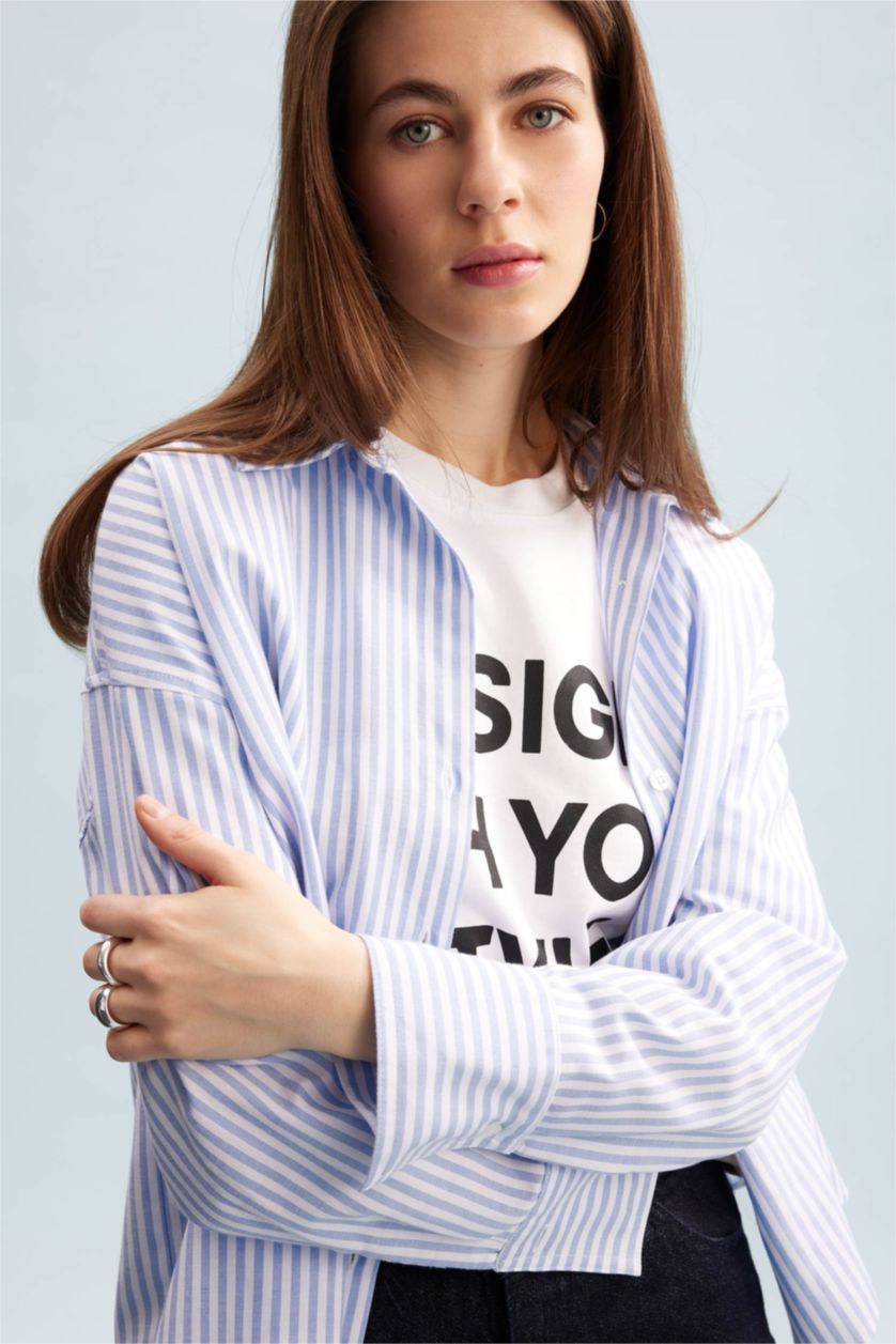 Women Light Blue Oversize Shirt Collar Oxford Striped Long Sleeve Shirt