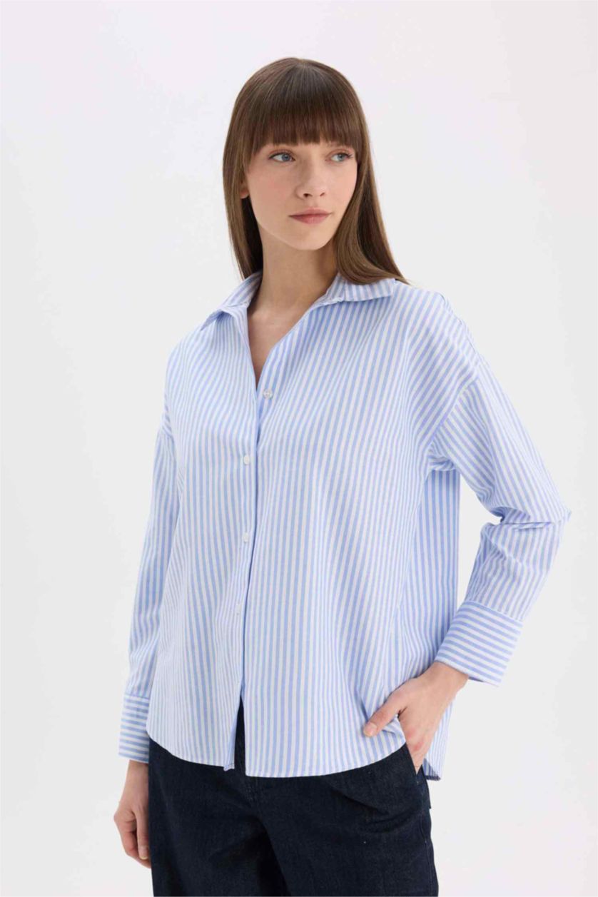 Women Light Blue Oversize Shirt Collar Oxford Striped Long Sleeve Shirt