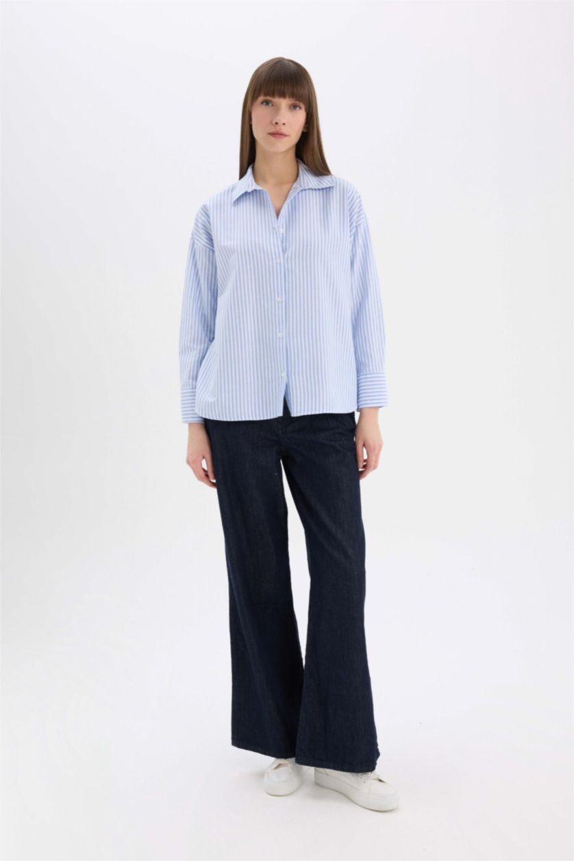 Women Light Blue Oversize Shirt Collar Oxford Striped Long Sleeve Shirt
