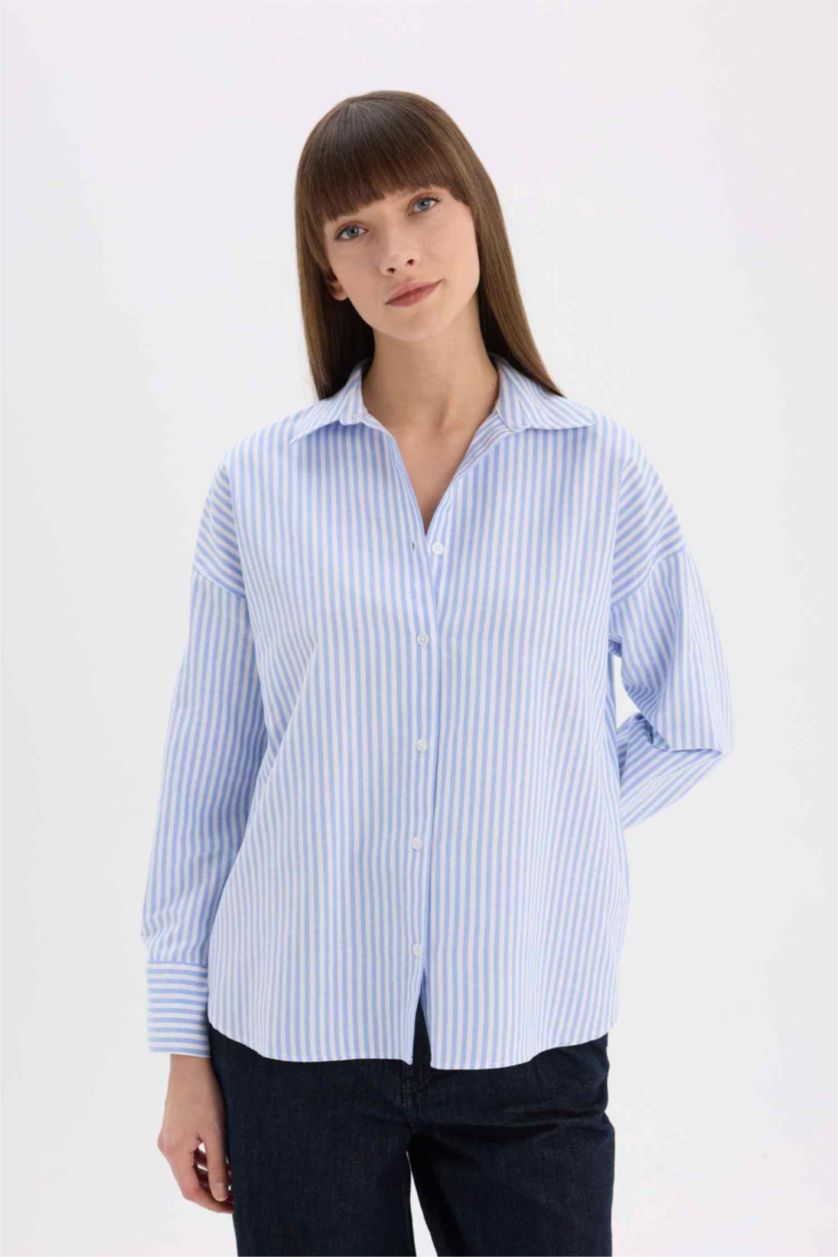 Women Light Blue Oversize Shirt Collar Oxford Striped Long Sleeve Shirt