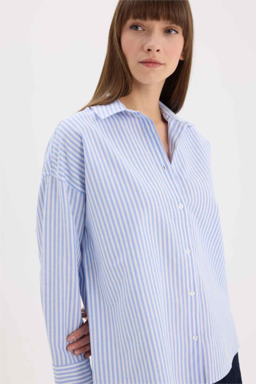 Women Light Blue Oversize Shirt Collar Oxford Striped Long Sleeve Shirt