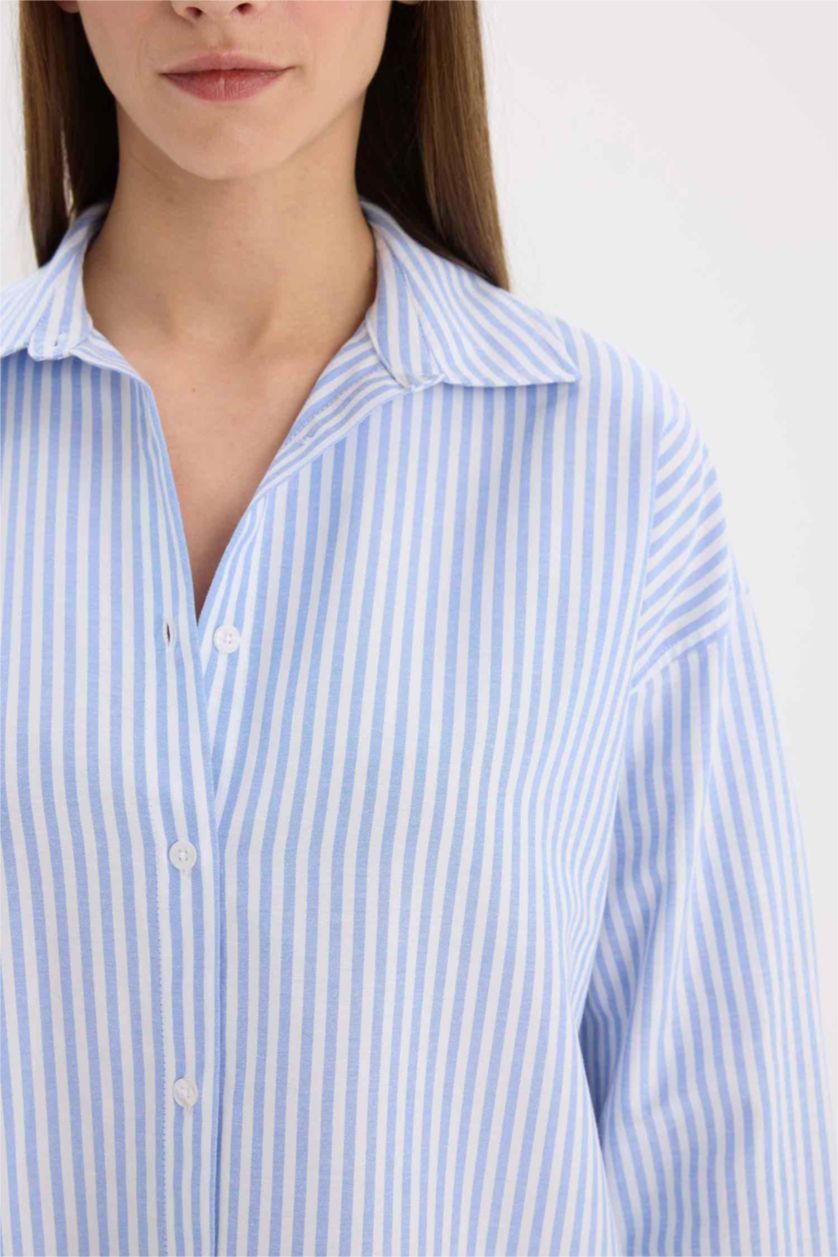 Women Light Blue Oversize Shirt Collar Oxford Striped Long Sleeve Shirt