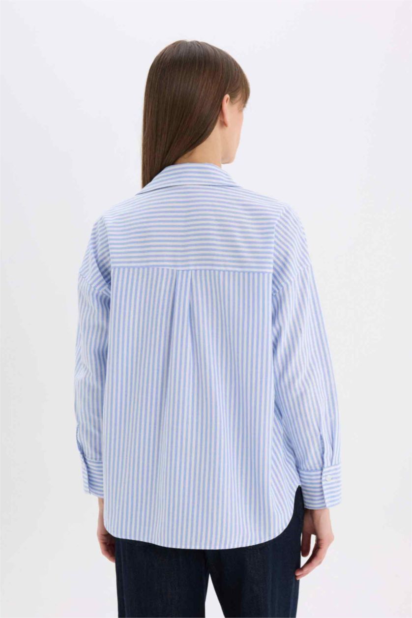 Women Light Blue Oversize Shirt Collar Oxford Striped Long Sleeve Shirt