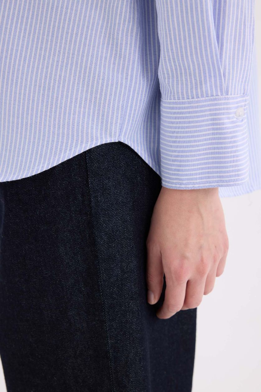 Kadın Mavi Oversize Geniş Kalıp Çizgili Oxford Uzun Kollu Gömlek