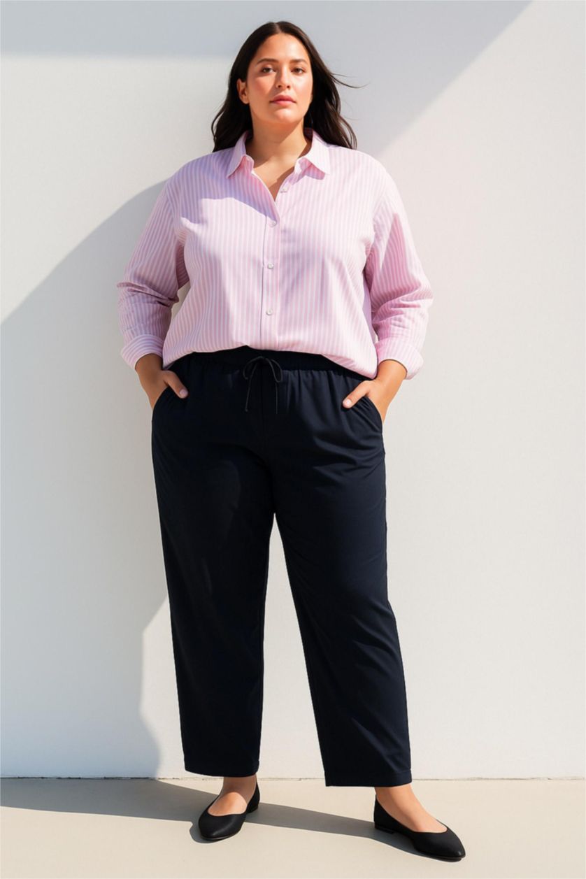 Kadın Pembe Oversize Geniş Kalıp Çizgili Oxford Uzun Kollu Gömlek