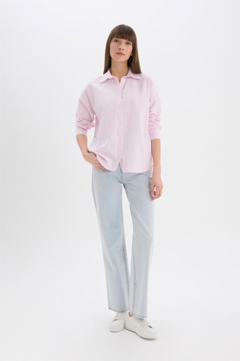 Kadın Pembe Oversize Geniş Kalıp Çizgili Oxford Uzun Kollu Gömlek