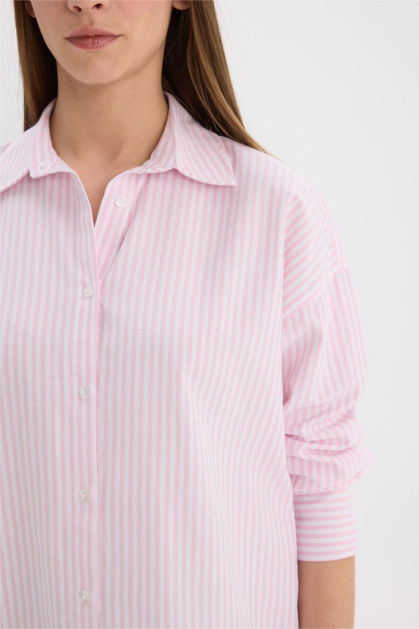 Kadın Pembe Oversize Geniş Kalıp Çizgili Oxford Uzun Kollu Gömlek