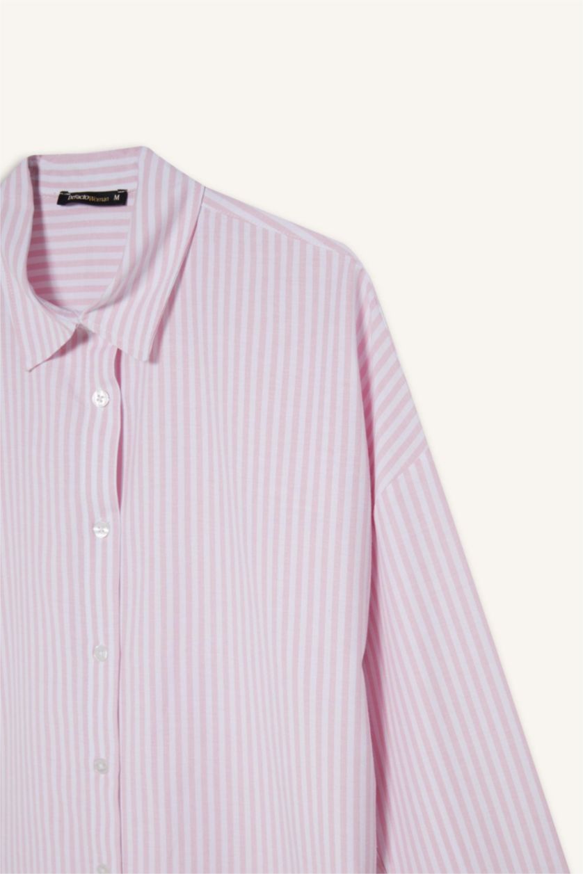 Kadın Pembe Oversize Geniş Kalıp Çizgili Oxford Uzun Kollu Gömlek