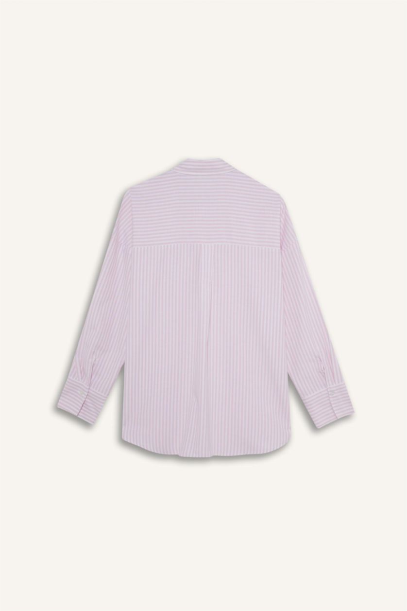 Kadın Pembe Oversize Geniş Kalıp Çizgili Oxford Uzun Kollu Gömlek