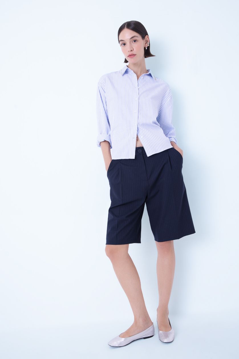 نساء أزرق قميص مخطط واسع كم طويل اكسفورد