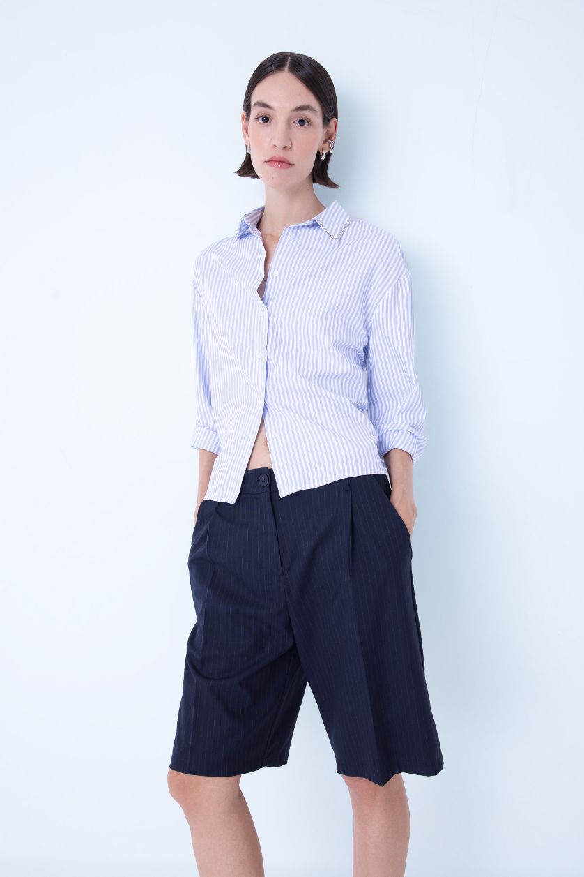 نساء أزرق قميص مخطط واسع كم طويل اكسفورد