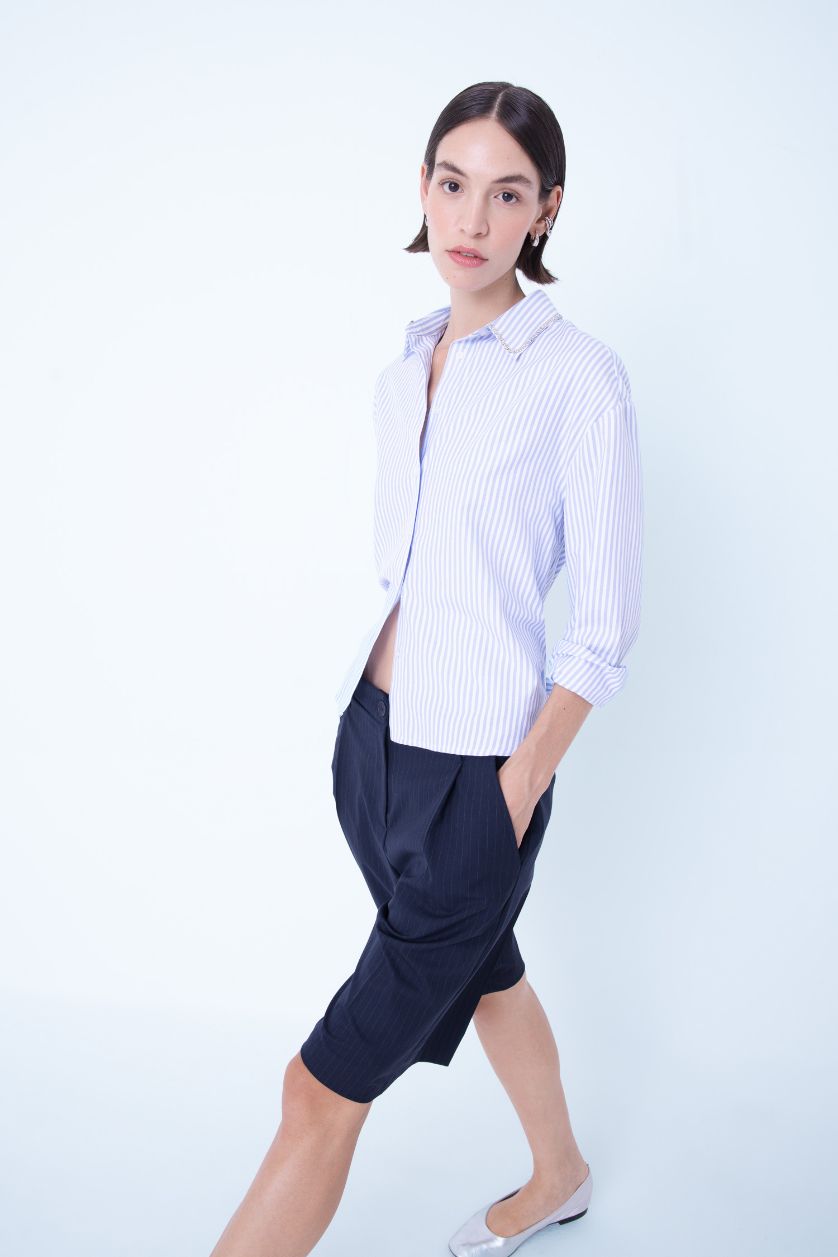 نساء أزرق قميص مخطط واسع كم طويل اكسفورد