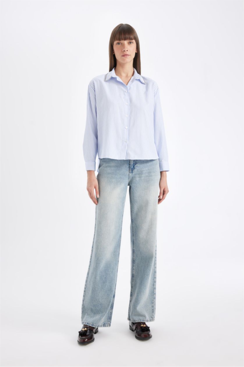 نساء أزرق قميص مخطط واسع كم طويل اكسفورد