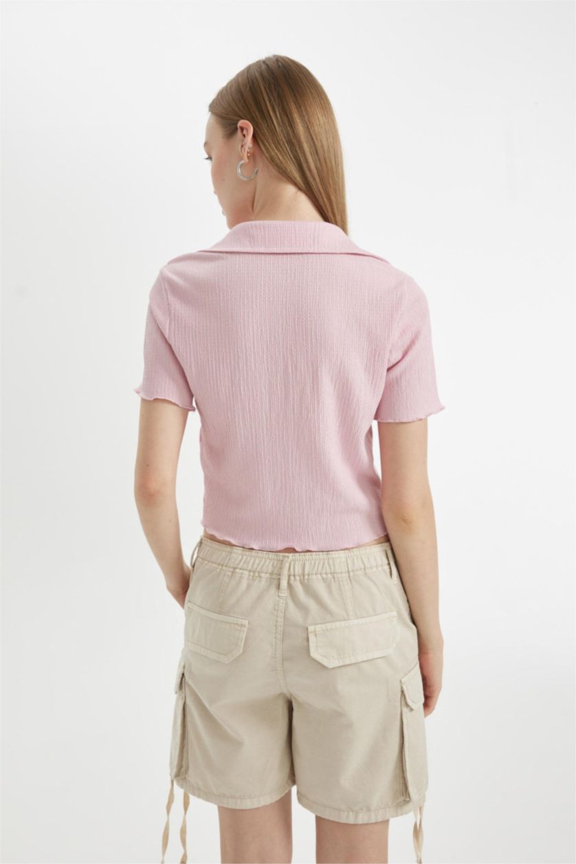 Kadın Açık Pembe Fitted Bürümcük Kısa Kollu Gömlek