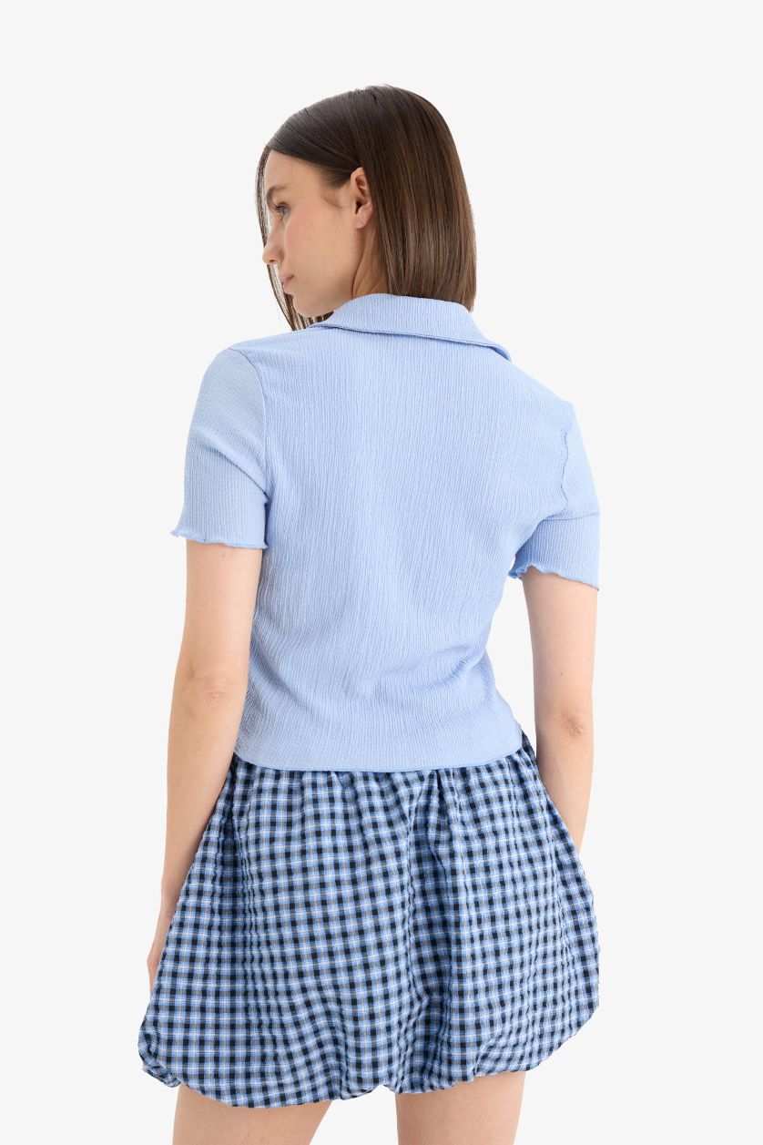 Kadın Açık Mavi Fitted Bürümcük Kısa Kollu Gömlek