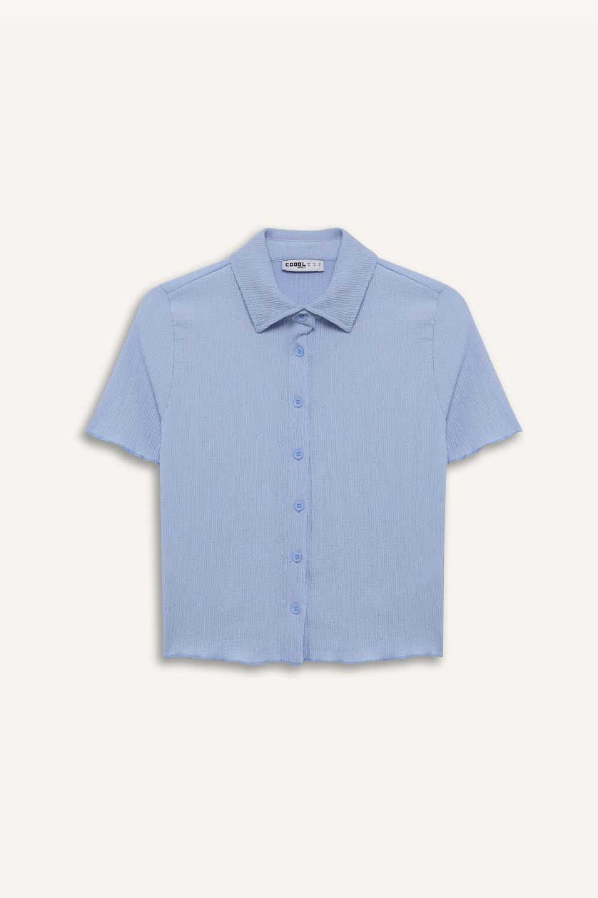 Kadın Açık Mavi Fitted Bürümcük Kısa Kollu Gömlek