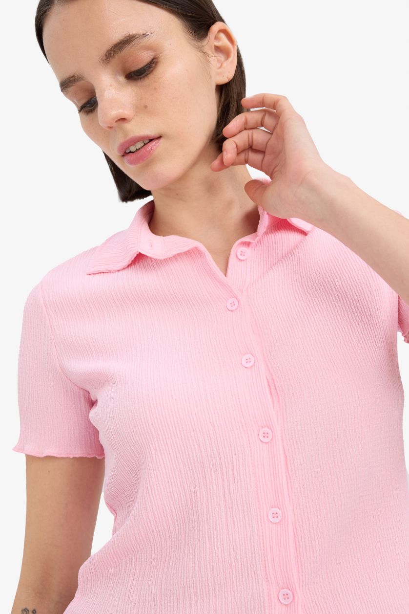 Kadın Pembe Fitted Bürümcük Kısa Kollu Gömlek