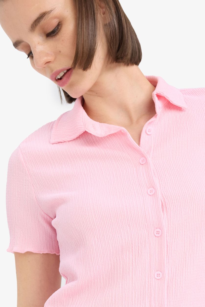 Kadın Pembe Fitted Bürümcük Kısa Kollu Gömlek