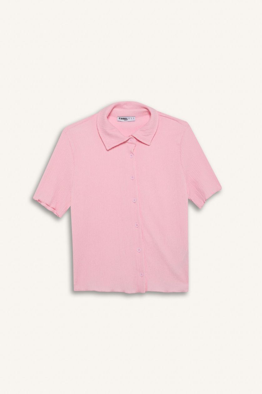 Kadın Pembe Fitted Bürümcük Kısa Kollu Gömlek